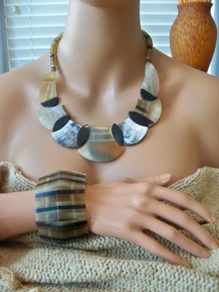 Monies Gerda Lynggaard Style Necklace & Bracelet Natural Bovine Horn 2 Piece