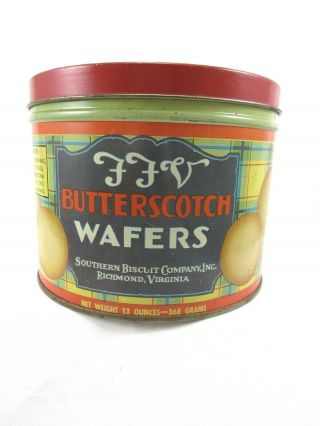 Vintage Ffv Butterscotch Wafers 13 " Tin Southern Biscuit Co Richmond Virginia