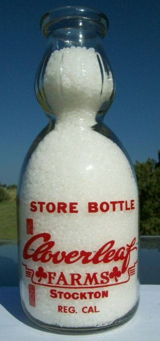 Vtg 1947 Cream Top Cloverleaf Farms Stockton California Acl Dairy Milk Bottle