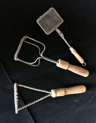 Vintage Masher/ricer And Soap Swisher With Wooden And Twisted Metal Handles