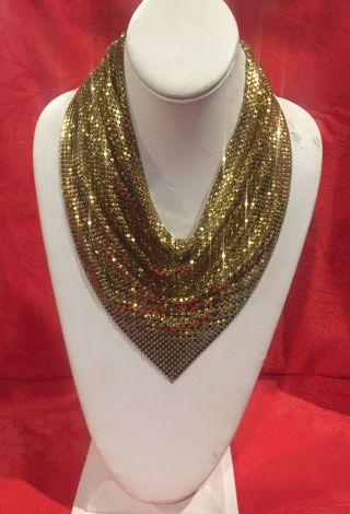 Vintage Whiting & Davis Gold Metal Mesh Rhinestone Bib Necklace Scarf Collar