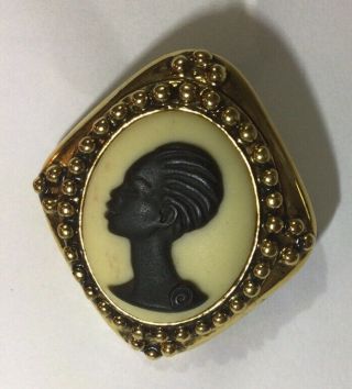 Vintage Coreen Simpson African Queen Cameo Gold Tone Studded Brooch Pin