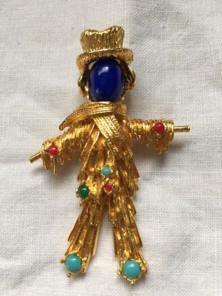 Vtg Pauline Rader Gold Scarecrow Brooch Pin With Multi Colored Stones - Minty