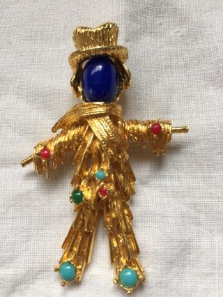 Vtg Pauline Rader Gold Scarecrow Brooch Pin With Multi Colored Stones - MINTY 2