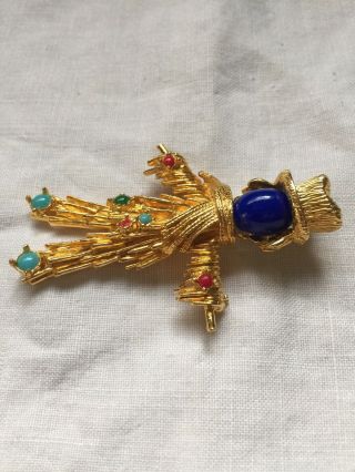 Vtg Pauline Rader Gold Scarecrow Brooch Pin With Multi Colored Stones - MINTY 3