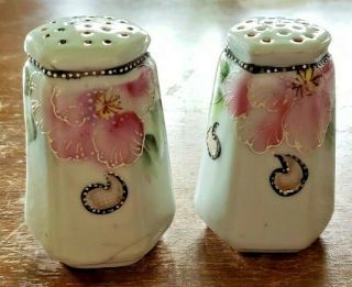 Vintage Porcelain Hand Painted Salt And Pepper Shaker Set Nippon Pink Flowers