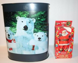 1994 Coca Cola Polar Bears Trash Can Wastebasket,  Plus 2 Decks Of Cards In Tin