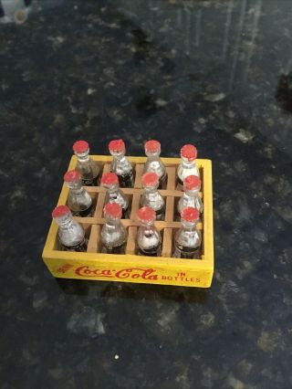 Vintage Coca Cola Miniature Yellow Wood Case Red Script Coca Cola With Bottles