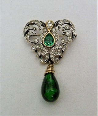 2 1/8 " Designer Ga Italy Gold Gilt Sterling Silver Glass Flawed Emerald Drop Pin