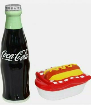 Coca - Cola Contour Bottle And Hot Dog Salt And Pepper Shaker Set -
