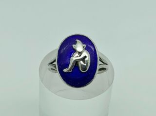 Rare Bernard Instone Art Deco Sterling Silver Blue Enamel Pixie Ring Size K