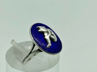 Rare Bernard Instone Art Deco Sterling Silver Blue Enamel Pixie Ring Size K 2