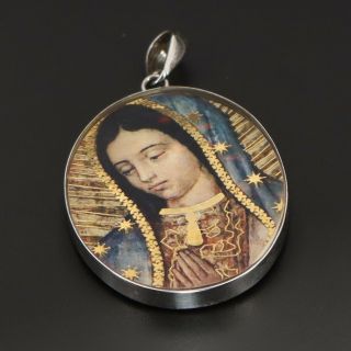 Sterling Silver - Mexico Catholic Virgin Mary Floral Double Sided Pendant - 8.  5g