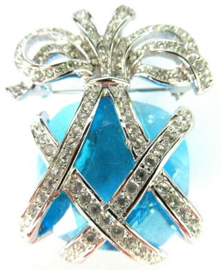 Kjl Kenneth J Lane Huge Blue Faux Topaz Crystal Ribbon Vintage Pin Brooch