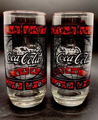 Vintage Set 2 Enjoy Coca Cola Clear,  Red Black Stained Glass 6” Drinking Glasses