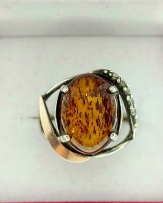 Vintage Russian Sterling Silver 925 Ring Gold 375 Amber,  Womens Jewelry Size 8.  25