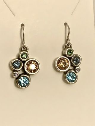Patricia Locke Silver Multi - Color Crystal Clusters Hook Earrings,  1.  25”,  10.  08g