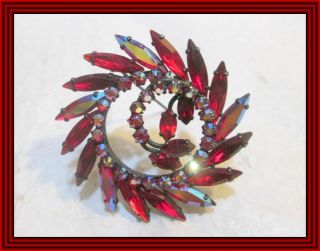 Sherman Siam Red & Red Ab - Japanned Tiered Spiral Wreath Motif Cluster Brooch Nr