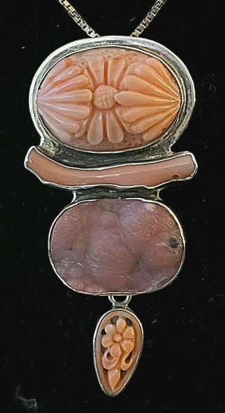 Amy Kahn Russell Hand Carved Pink Coral Druzy Sterling Silver Pin Pendant