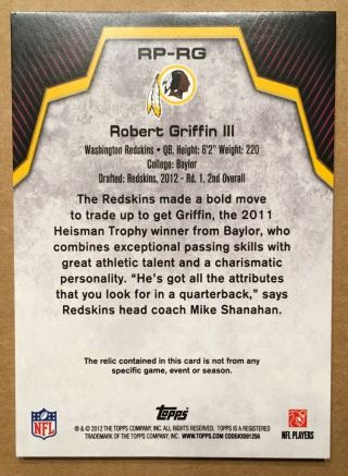 2012 TOPPS ROOKIE = ROBERT GRIFFIN III ROOKIE CARD = 3 COLOR PATCH 2