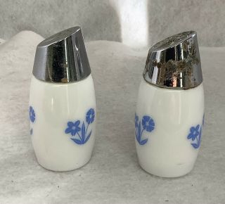 Vintage Gemco White Milk Glass Blue Cornflower Corningware Salt &Pepper Shakers 2