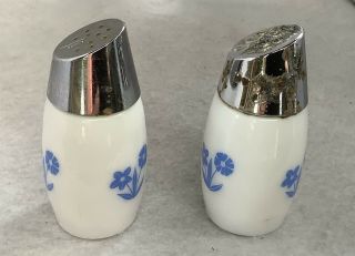 Vintage Gemco White Milk Glass Blue Cornflower Corningware Salt &Pepper Shakers 3
