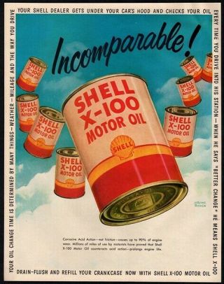 1950 Shell X - 100 Motor Oil - Jerome Rozen Art - Cans In Sky Art Vintage Ad