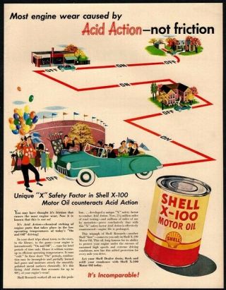 1949 Shell X - 100 Motor Oil - Convertible Car - Automobile - Drug Store Vintage Ad
