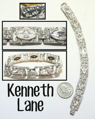 Stunning Vintage Signed Kenneth Lane Art Deco Rhinestone Link Bracelet 7 "