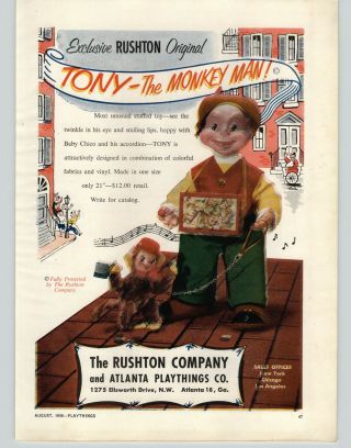 1956 Paper Ad Rushton Stuffed Animal Plush Toys Tony Monkey Man Organ Grinder