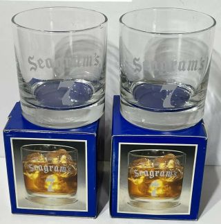 2 Set Vintage Etched Seagram’s 7 Crown Low Ball Rocks Glasses Collector Series
