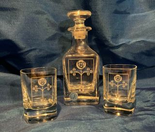 Mini Scotland Crystal Decanter With Stopper And 2 Glasses Etched Flower