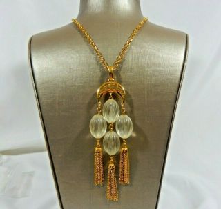 Rare Vtg Crown Trifari Molded Clear Frosted Lucite Waterfall Gp Tassel Necklace
