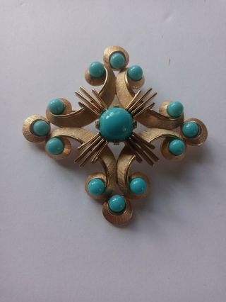 Vintage Crown Trifari Brooch / Pin Gold Tone Turquoise