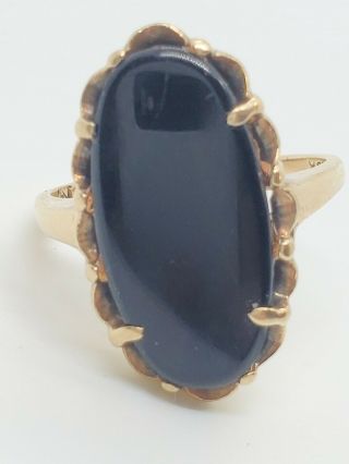 Hard To Find 10k Yellow Gold Oval Plain Black Onyx Vintage Prong Set Size 6 Ring