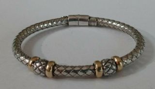 Sterling Silver & 18k Gold Alisa Italy Woven Design Hinged Bangle Bracelet
