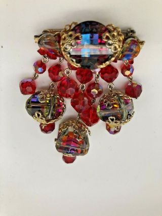 Signed Vendome Vintage Jewelry Red Aurora Borealis Rhinestone Pin Broach Jw135