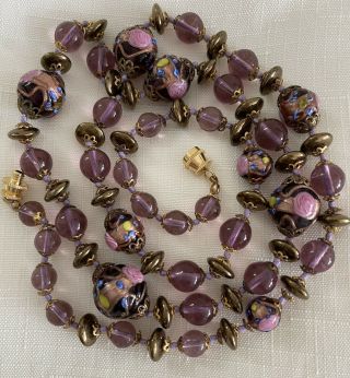 32.  5 " Vintage Venetian Murano Glass Wedding Cake Bead Necklace Amethyst/purple