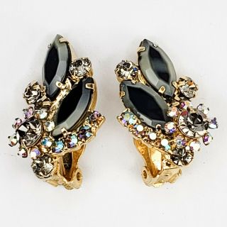 Juliana Rhinestone Clip On Earrings Black Frosted And Clear Aurora Borealis