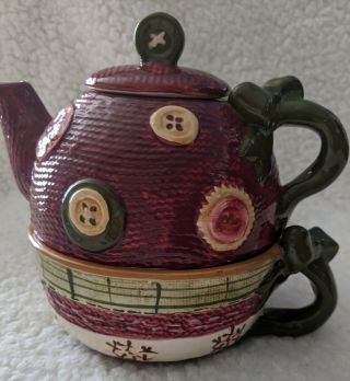 Cracker Barrel Tea For One Teapot Quilt Buttons & Bows 6 " Tall With Lid