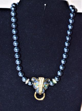 Signed Kjl For Avon Goldtone Black Pearls Rhinestones Jaguar Shape 19 " Necklace