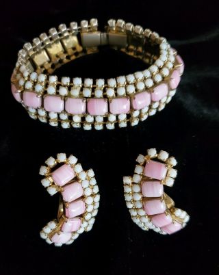 Vtg Milk Pink Glass Bracelet Clip Earrings Set Unsigned Coro Or Weiss