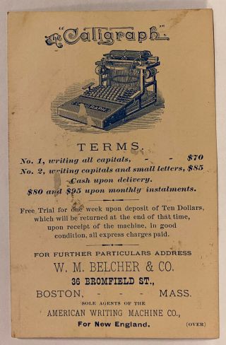 Late 1800’s Trade Card With Prices For The Caligraph W M Belcher Co Boston Ma
