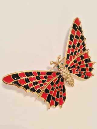 Ciner Vintage Signed Red & Black Enamel Rhinestone Butterfly Brooch Gorgeous