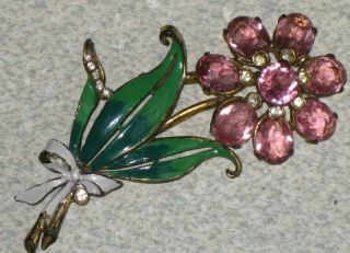Fantastic Vintage Enamel On Metal Flower Pin Brooch With Pink Rhinestones Bow
