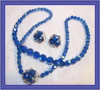 Sherman Cobalt Ab - Graduated Single Strand Faceted Crystal Bead Necklace Set Nr