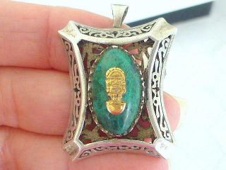 Vintage Peru Aztec Inca God Sterling Silver 18k Gold Chrysocolla Necklace Brooch