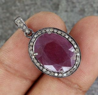 Red Ruby Pave Diamond Necklace Oxidized Silver Charm Pendant O342