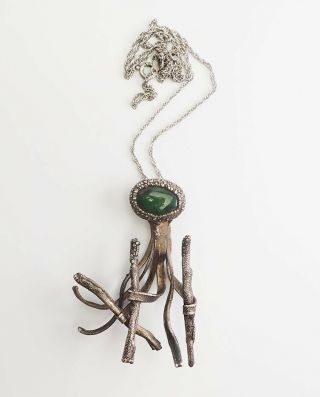 Vintage Artisanal Unique Organic Sterling Silver And Green Gemstone Necklace