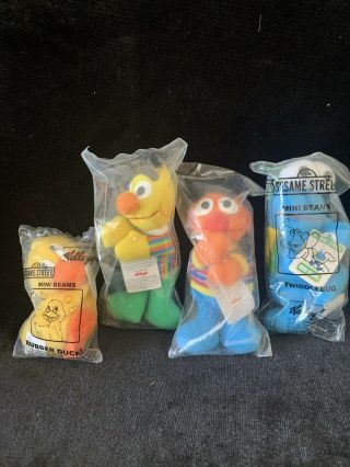 (4) Kelloggs Sesame Street Mini Beans Ernie,  Bert,  Rubber,  Duckie&twiddlebug